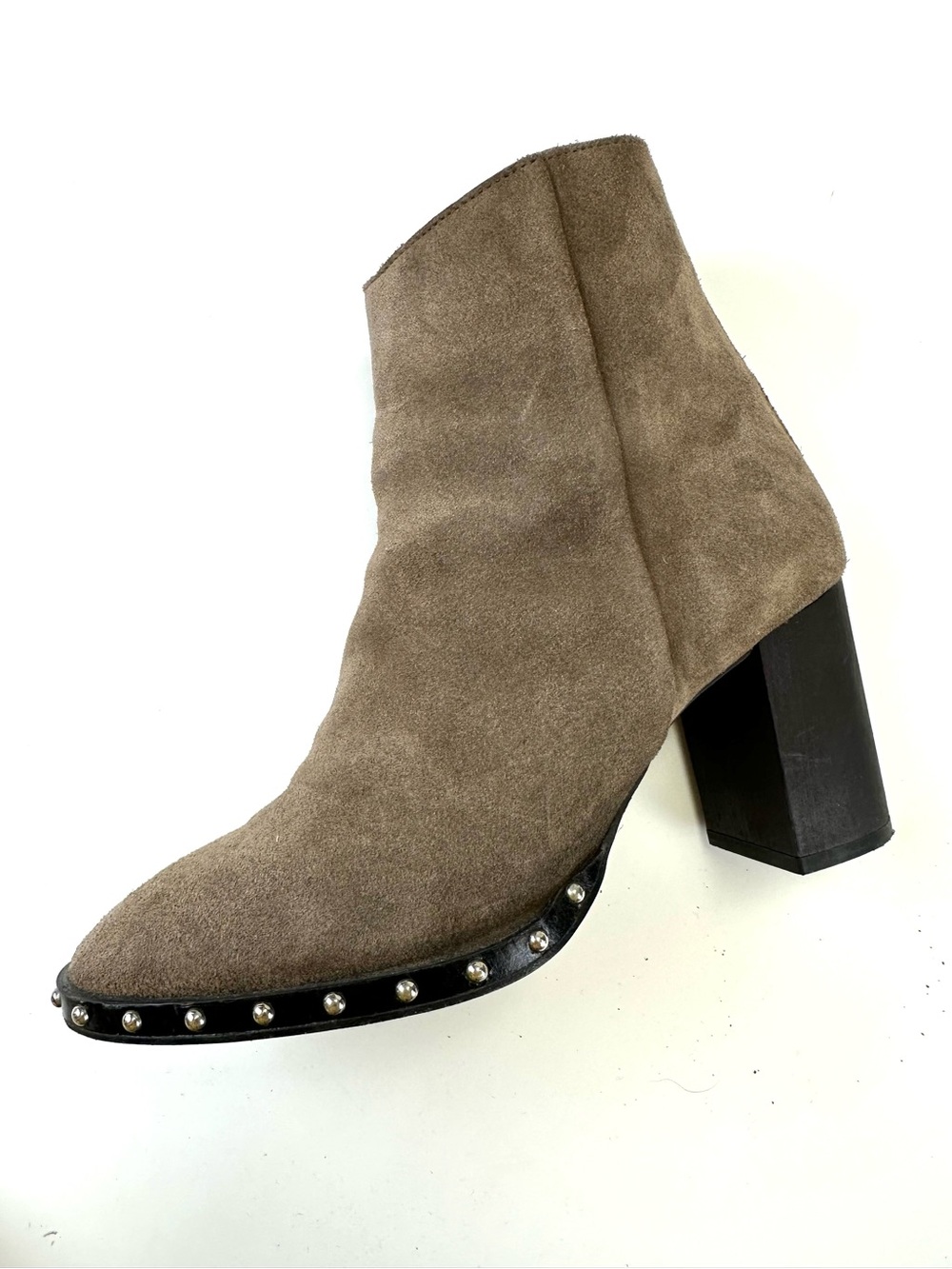 AllSaints Inez Studded Taupe Grey Suede Block Heel Boots Size 39
